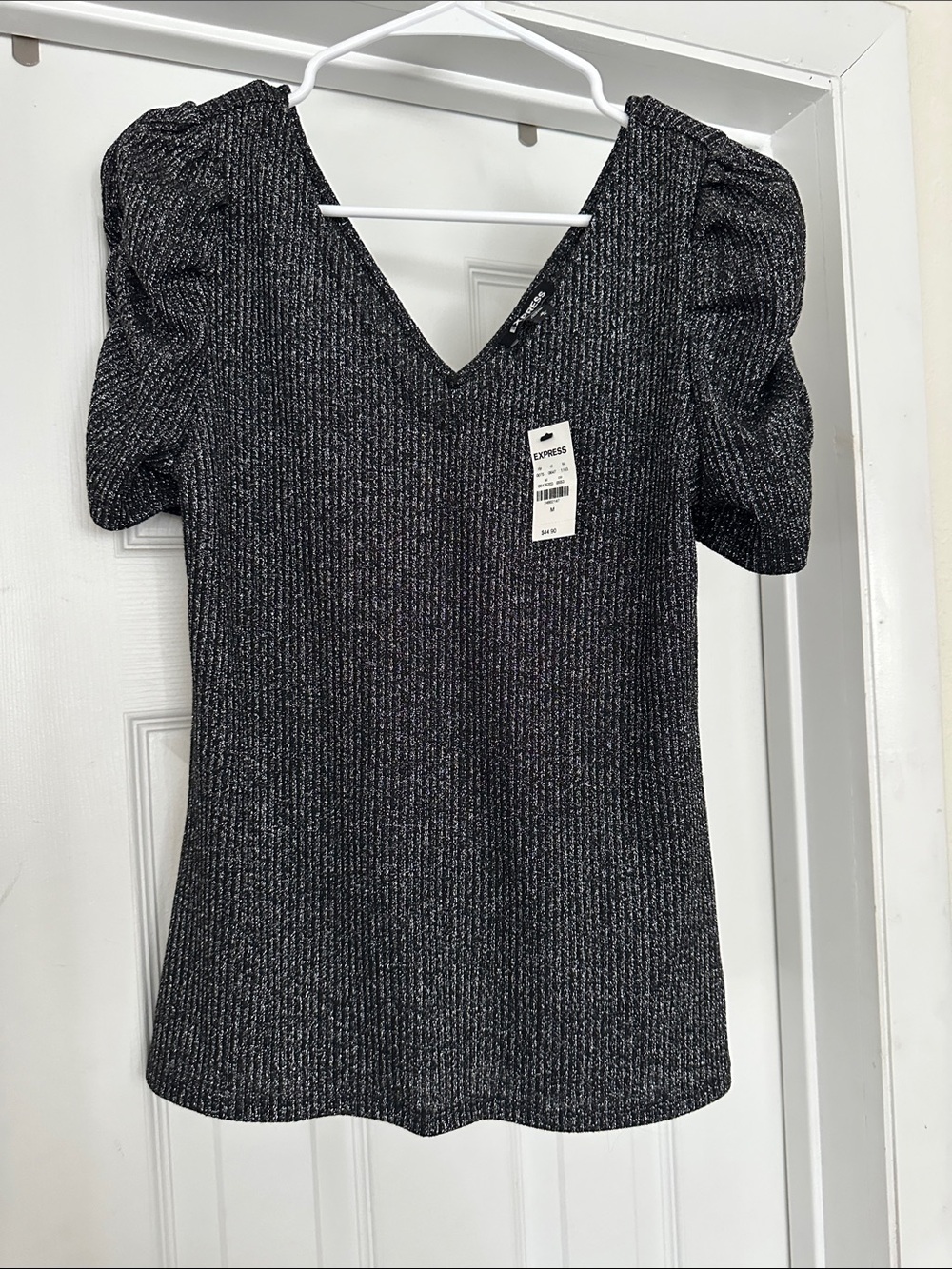 Express Metallic Black V-Neck Puff Sleeve Top